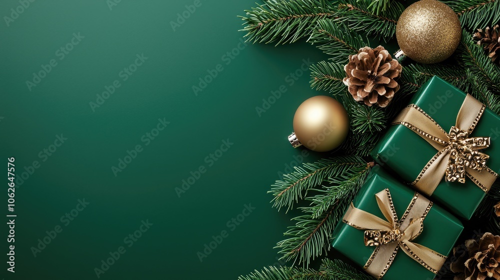 Festive Christmas Decorations with Green Background Festive Christmas Decorations with Green Background