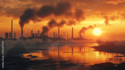 Factory Pollution with Smoke Rising at Sunrise. Silhouetted factory with smoke stacks emitting pollution at sunrise, reflecting environmental issues and industrial activity.