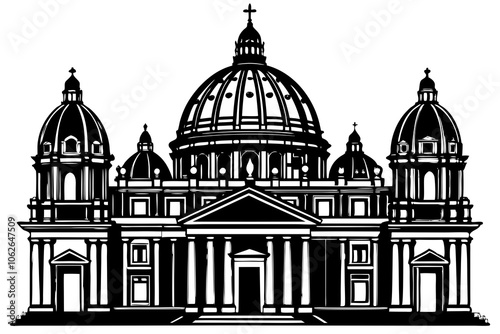 St. Peter's Basilica in Rome, Italy. Vatican City. Basilica Papale di San Pietro in Vaticano. Hand drawn linear doodle rough sketch. Black and white silhouette