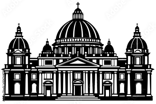 St. Peter's Basilica in Rome, Italy. Vatican City. Basilica Papale di San Pietro in Vaticano. Hand drawn linear doodle rough sketch. Black and white silhouette