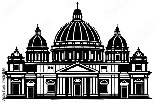 St. Peter's Basilica in Rome, Italy. Vatican City. Basilica Papale di San Pietro in Vaticano. Hand drawn linear doodle rough sketch. Black and white silhouette