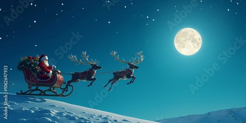 Christmas Santa's sleigh with reindeer flying across the sky on the left, with the right side showing an open, moonlit sky for holiday text or announcements. photo