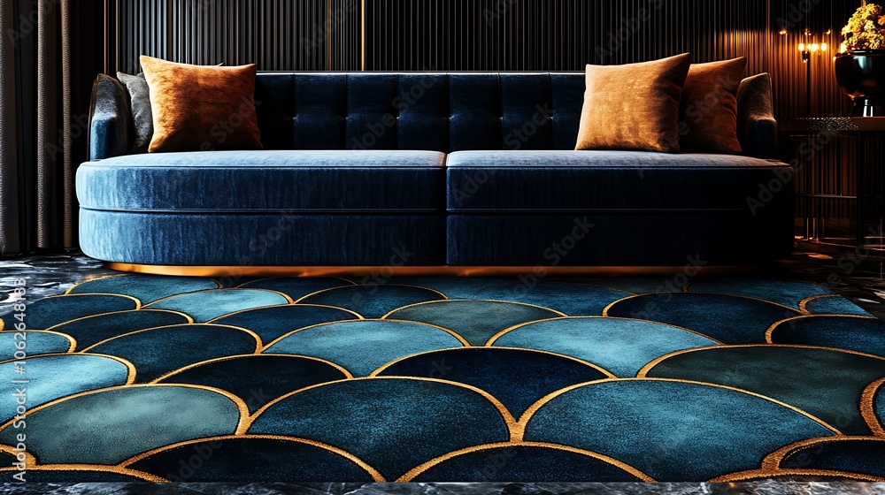 Obraz premium A seamless Art Deco-inspired carpet pattern with geometric shapes in jewel tones like teal and sapphire, gold metallic details and symmetrical design,
