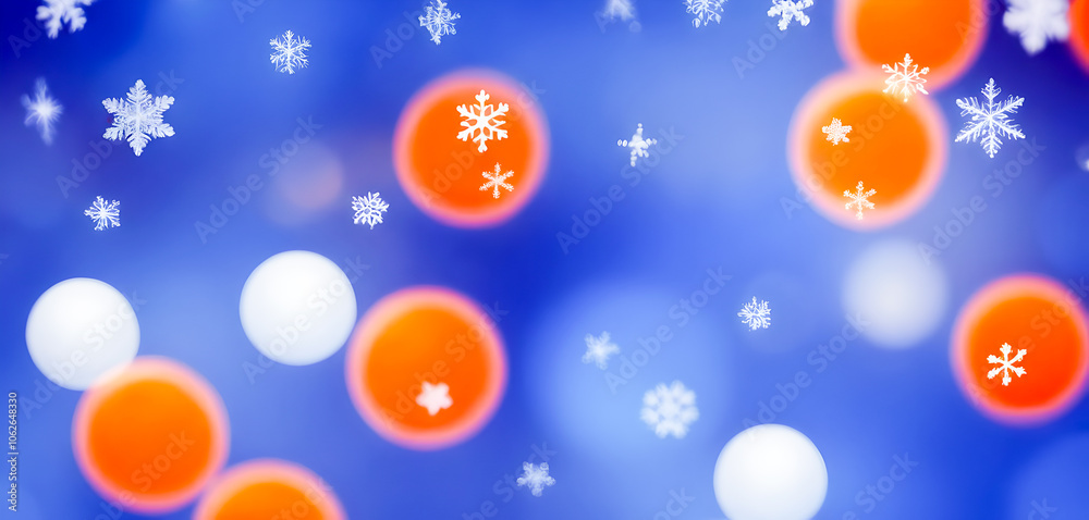 Snowflakes Falling on Blue Background with Orange Bokeh Snowflakes Falling on Blue Background with Orange Bokeh