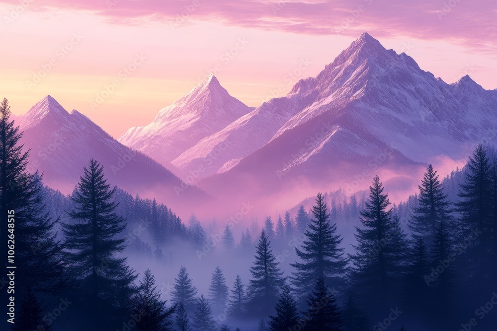 Dawn breaks over serene mountain landscape with mist and snow-capped peaks, illuminating the pine forests in soft hues
