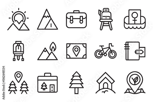 Map, tourism, camping, hiking, direction, bonfire, backpack, isolated flat vector illustration white background photo