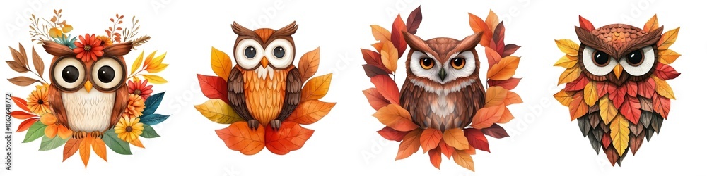 Obraz premium The image features four colorful owls surrounded by vibrant autumn leaves, showcasing a playful and artistic representation of nature.