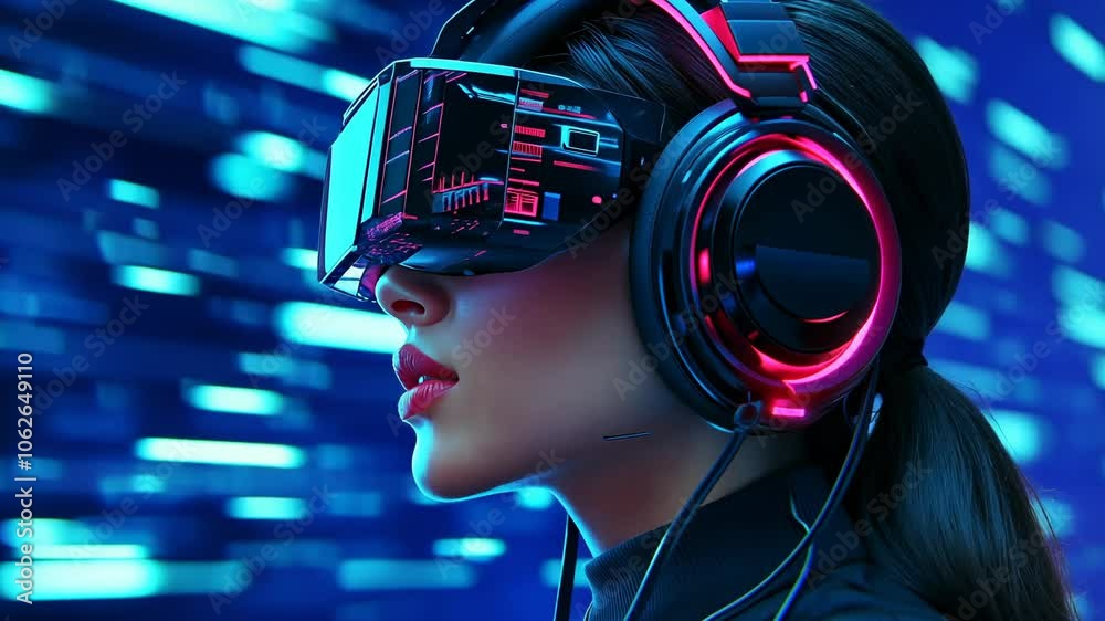 Woman in Virtual Reality Headset and Headphones, VR headset, VR glasses, VR goggles, gamer, female Woman in Virtual Reality Headset and Headphones, VR headset, VR glasses, VR goggles, gamer, female