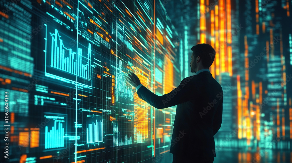 Fototapeta premium Business professional analyzing data on digital display in modern office setting at night