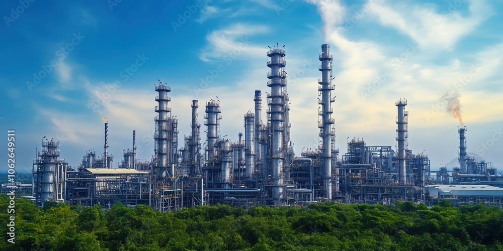 Obraz premium Industrial Refinery in Lush Landscape. Refinery towers rise above a lush green landscape under a blue sky, symbolizing energy production and the environment.