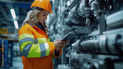 Wallpaper Mural Female Engineer with Tablet in Industrial Facility. Female engineer wearing orange high-visibility jacket and hard hat checks machinery using a tablet in a modern industrial facility. Torontodigital.ca