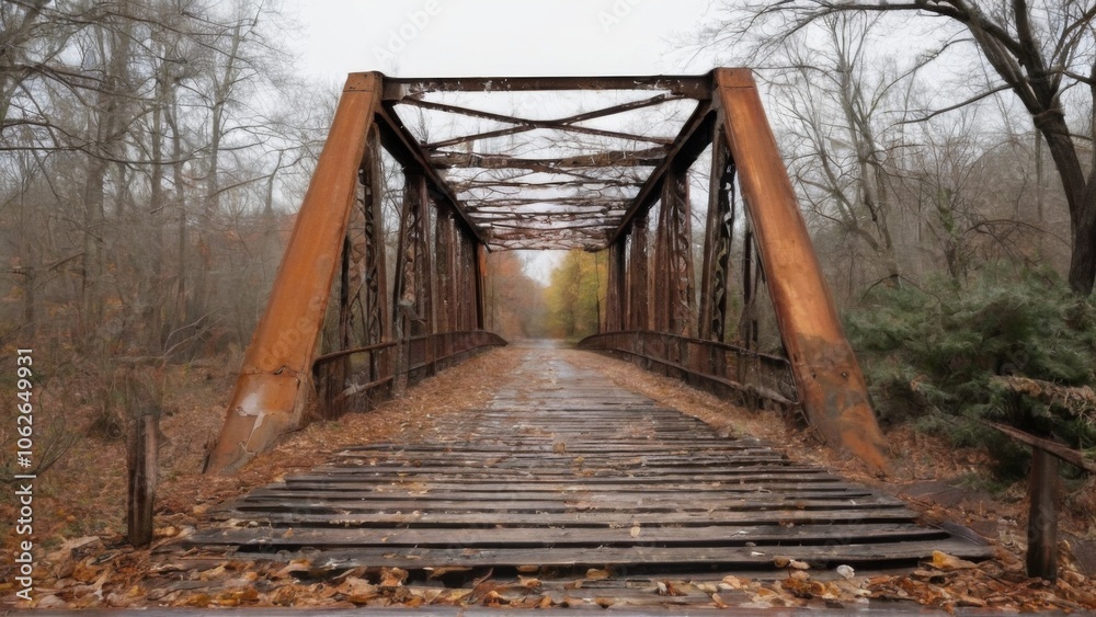 Rustic metal bridge surrounded by bare trees in an overcast setting, evoking a sense of abandonment and desolation. Rustic metal bridge surrounded by bare trees in an overcast setting, evoking a sense of abandonment and desolation.