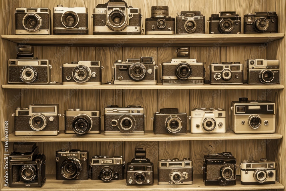 Obraz premium Vintage Camera Collection on Wooden Shelves