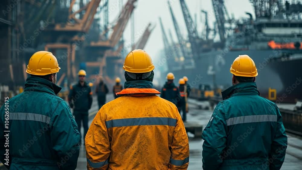 Workers in Hard Hats Standing at a Shipyard, safety, construction, industrial, industry, manufacturing Workers in Hard Hats Standing at a Shipyard, safety, construction, industrial, industry, manufacturing