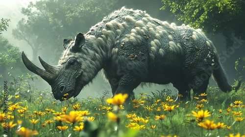 Woolly Rhino in a Field of Flowers, rhinoceros, prehistoric, extinct, animal, wildlife