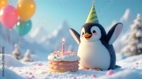 A cute, fluffy penguin wearing a birthday hat stands with flippers raised in excitement beside a small, single-layered birthday cake with a lit candle