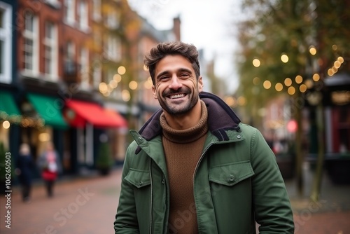 Portrait of a handsome young man smiling in a city street.