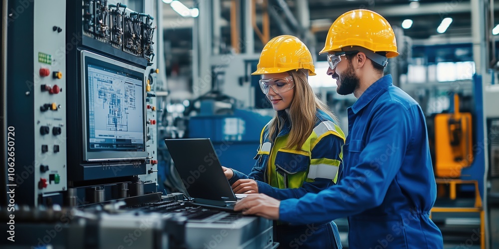 Engineers Analyzing Data on Factory Control System. Two engineers in hard hats analyzing data on a factory control system, focused on efficiency and accuracy in manufacturing processes. Engineers Analyzing Data on Factory Control System. Two engineers in hard hats analyzing data on a factory control system, focused on efficiency and accuracy in manufacturing processes.