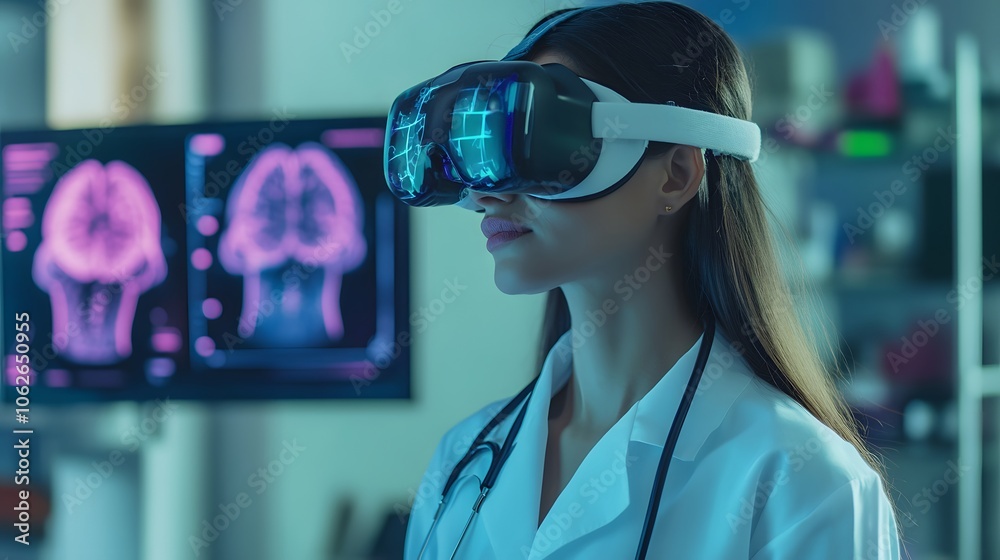 Young Asian female doctor using VR technology for medical research. Young Asian female doctor using VR technology for medical research.