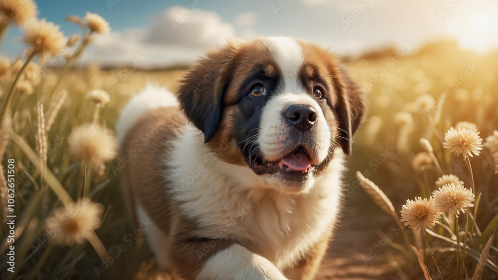 AI-generated image of a Saint Bernard puppy running in a golden field AI-generated image of a Saint Bernard puppy running in a golden field