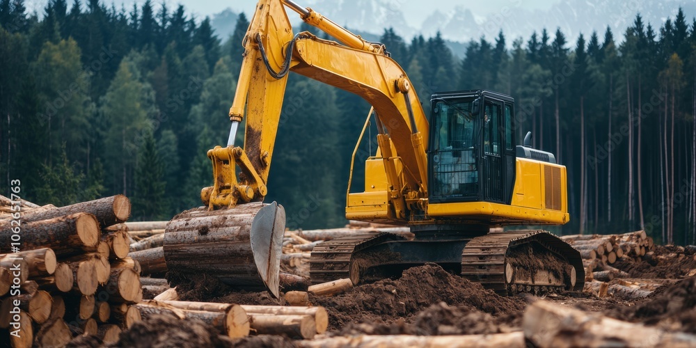 Fototapeta premium Excavator Lifting Logs in Scenic Forest Landscape