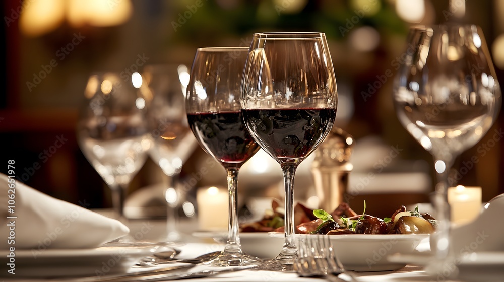 Elegant table setting with red wine glasses and gourmet dishes in soft lighting. Elegant table setting with red wine glasses and gourmet dishes in soft lighting.