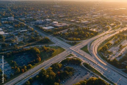 Aerial View of City Intersection at Sunset