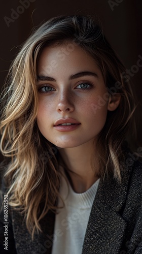 Close-up portrait of a young woman with long, wavy blonde hair and blue eyes, looking directly at the camera.