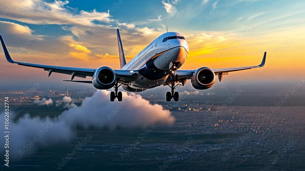 Airplane Landing During Sunset, aircraft, airliner, air travel, aviation, commercial flight Airplane Landing During Sunset, aircraft, airliner, air travel, aviation, commercial flight