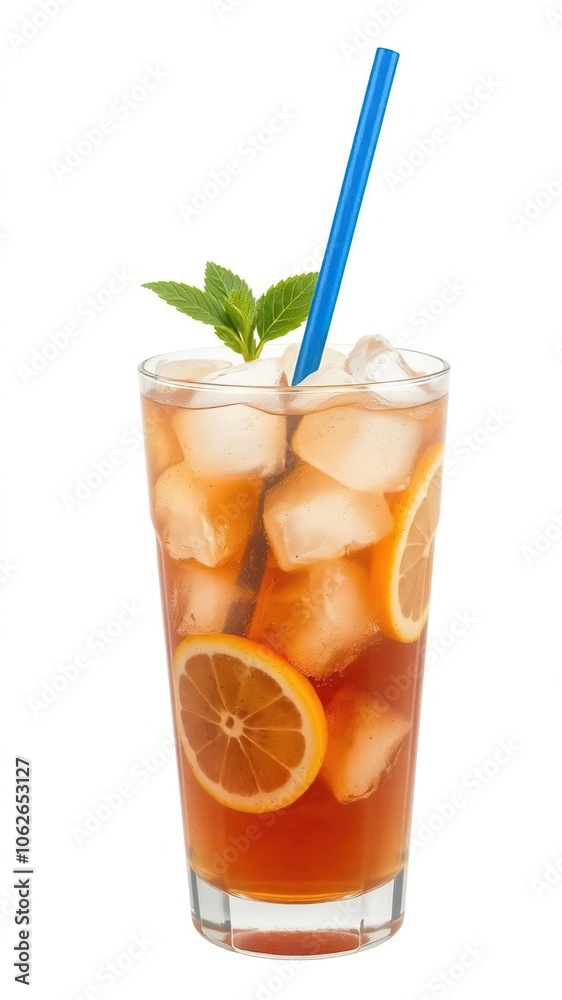 A refreshing glass of iced tea with ice cubes, lemon slices, and a straw isolated on a white background, beverage, iced tea A refreshing glass of iced tea with ice cubes, lemon slices, and a straw isolated on a white background, beverage, iced tea