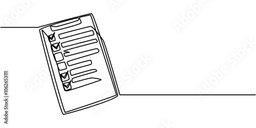 Continuous one line drawing of clipboard with checklist. One line drawing illustration of checklist on clipboard. Business, Survey, Report concept line art. Editable outline, Clipboard with checklist.