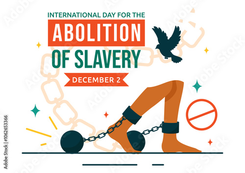 International Day for the Abolition of Slavery Vector Illustration on December 2, Featuring Symbols of Handcuffs, Chains, Pigeons in a Background