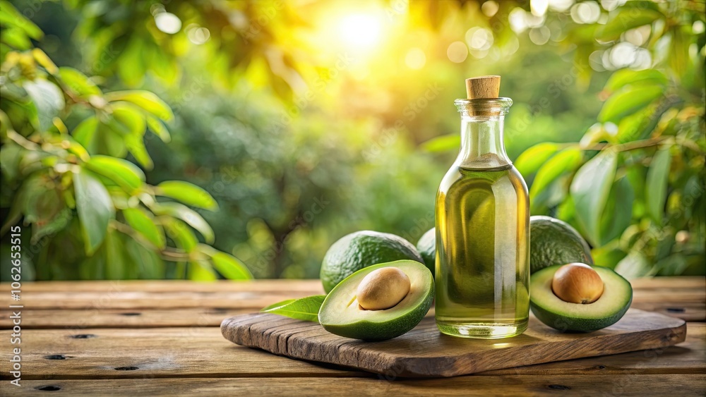 Glass bottle of avocado oil with fresh avocado fruits on wooden table in an avocado plantation setting, avocado, oil Glass bottle of avocado oil with fresh avocado fruits on wooden table in an avocado plantation setting, avocado, oil