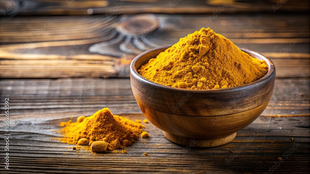 Composition with bowl of turmeric powder on wooden table , spices, yellow, ingredient, organic, cooking, culinary, health, natural
