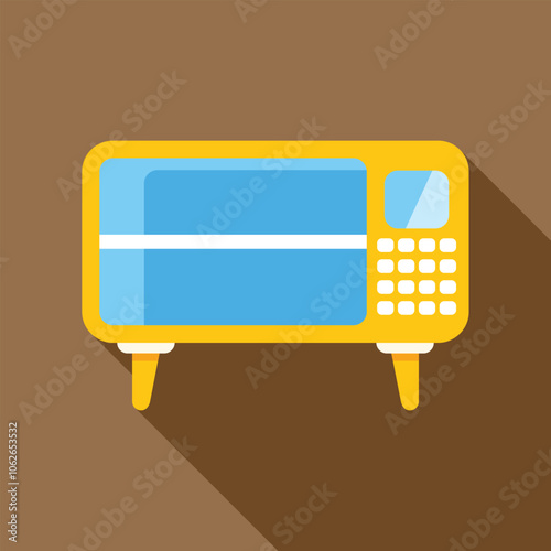 Yellow microwave oven is standing on brown background, casting a long shadow