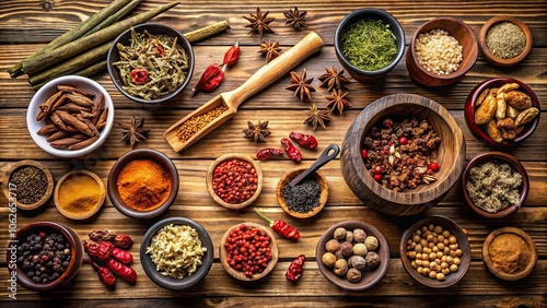 Ancient Chinese medicine ingredients on wooden table, herbal, traditional, remedies, healing, holistic, natural