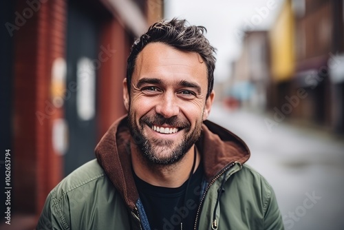 Portrait of a handsome man smiling at the camera in the street