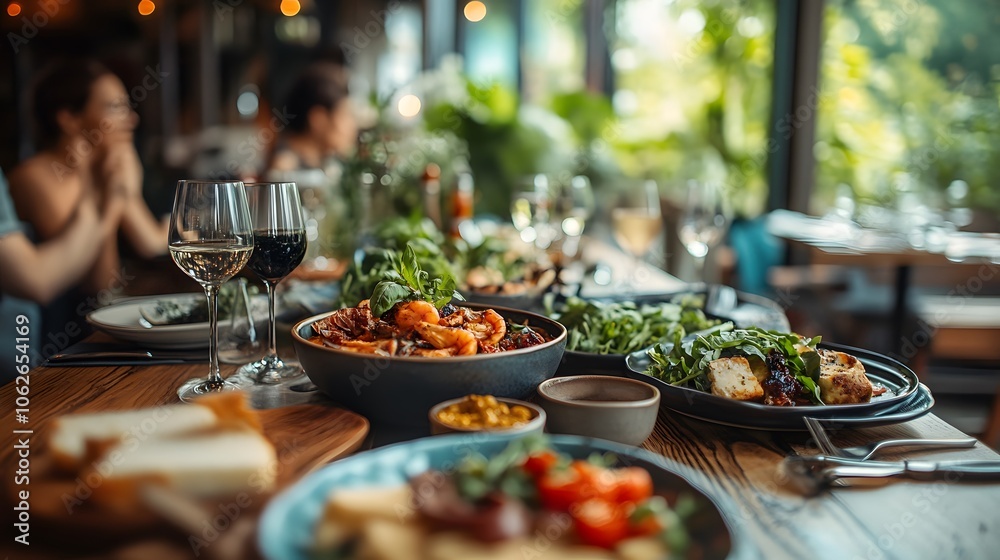 A vibrant table of gourmet dishes, featuring salads and seafood in a modern dining setting. A vibrant table of gourmet dishes, featuring salads and seafood in a modern dining setting.