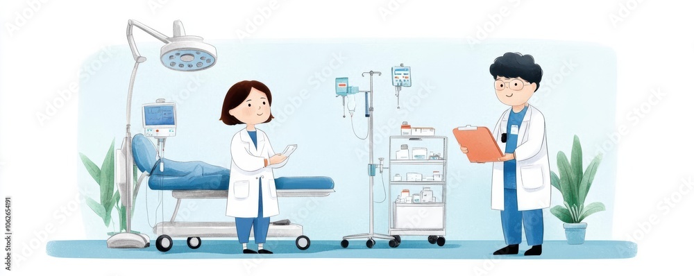 Cancer therapy, advanced treatment process, calm clinical setting, Watercolor style Cancer therapy, advanced treatment process, calm clinical setting, Watercolor style