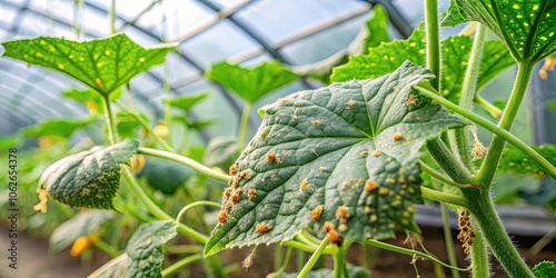 Spider mites infesting cucumber plants in a greenhouse , greenhouse, crop pests, vegetable garden photo