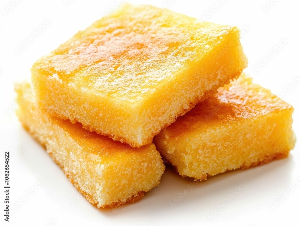 Mouthwatering serving of traditional Thai sponge cake light and fluffy in texture isolated on a clean white background showcasing its golden color and tempting appearance Mouthwatering serving of traditional Thai sponge cake light and fluffy in texture isolated on a clean white background showcasing its golden color and tempting appearance