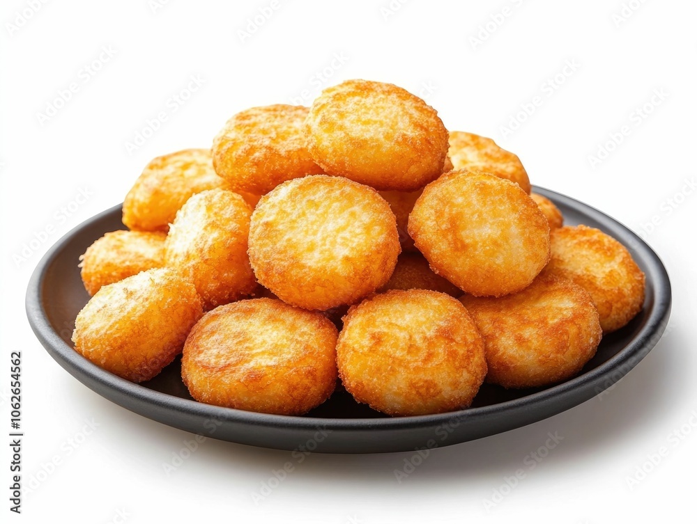 A closeup top view of a plate filled with crispy and creamy Thai pandan flavored khanom krok or coconut pancakes on a plain white background A closeup top view of a plate filled with crispy and creamy Thai pandan flavored khanom krok or coconut pancakes on a plain white background
