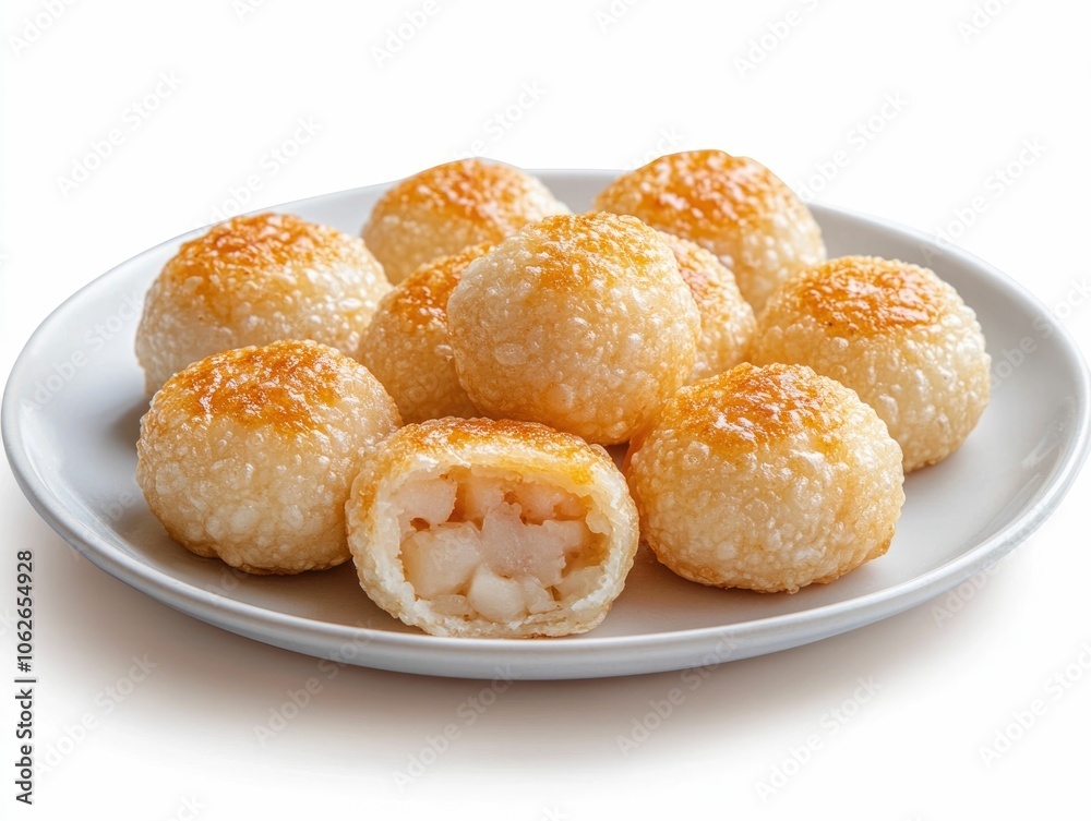 Delectable Khanom Krok Pastries with a Taro Filling Fried to Crispy Perfection and Boasting a Creamy Interior Artfully Arranged on a White Platter Delectable Khanom Krok Pastries with a Taro Filling Fried to Crispy Perfection and Boasting a Creamy Interior Artfully Arranged on a White Platter