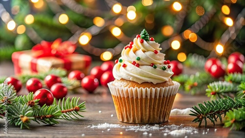 Asymmetrical Christmas cupcake with icing and sprinkles on a festively decorated holiday table