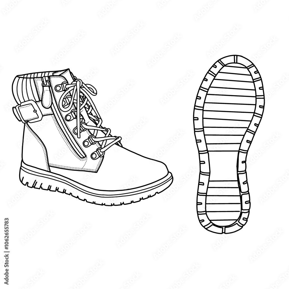 Waterproof women's winter shoes, non-slip warm snow boots with buckles on the side, vector icon for outdoor hiking. Editable vector design of winter shoe side and bottom view. Waterproof women's winter shoes, non-slip warm snow boots with buckles on the side, vector icon for outdoor hiking. Editable vector design of winter shoe side and bottom view.