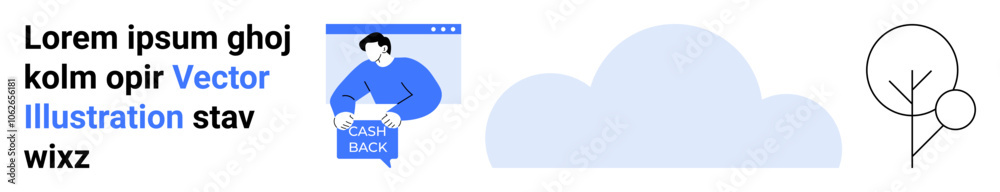 Man holding money back banner, large cloud icon, minimalist line tree drawing. Ideal for marketing, finance, web design, environmental topics, educational materials, presentations, UXUI design Man holding money back banner, large cloud icon, minimalist line tree drawing. Ideal for marketing, finance, web design, environmental topics, educational materials, presentations, UXUI design