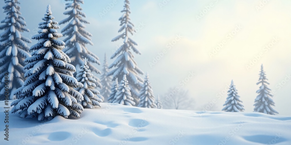 Fototapeta premium Christmas Snow-covered pine trees, on the left side, with a soft winter sky on the right leaving room for text.