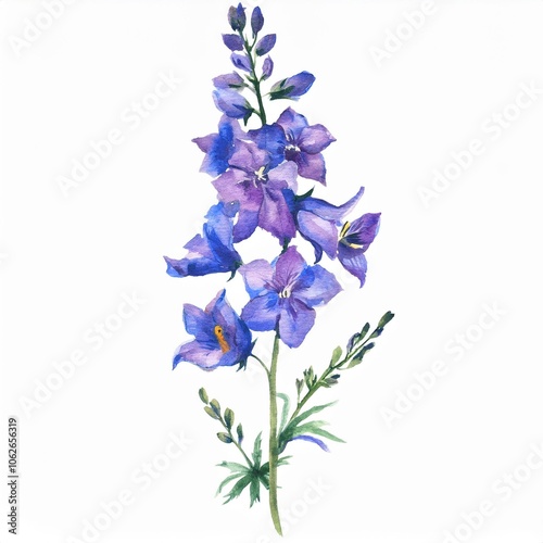 Firefly watercolor Larkspur flower branch, isolated on white 