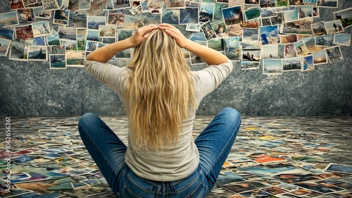 Woman overwhelmed by too many photos, female, blonde, hair, pictures, memories