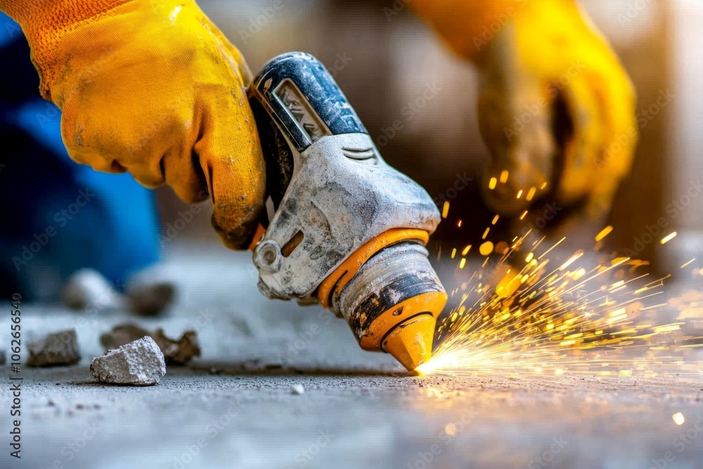 Close-up of a diamond grinding wheel on concrete, with precision and sparks, capturing the modern and sharp aspect of finishing work, symbolizing control and professionalism Close-up of a diamond grinding wheel on concrete, with precision and sparks, capturing the modern and sharp aspect of finishing work, symbolizing control and professionalism